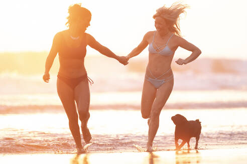 Zwei glückliche Frauen, die bei Sonnenuntergang am Strand laufen, Costa Rica - AMUF00055