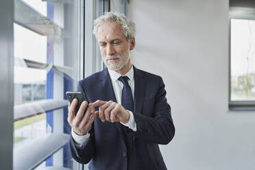 Businessman using cell phone at the window - RORF02130