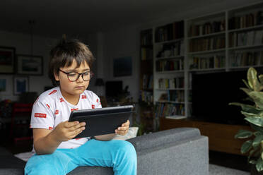 Portrait of boy sitting on backrest of couch looking at digital tablet - VABF02798