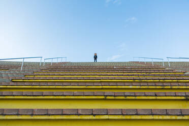 Businessman in black suit with meerkat mask standing on top of stairs - XLGF00036