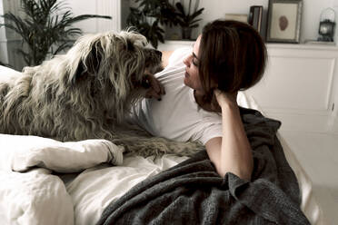 Mature woman lying on bed playing with her dog - ERRF03481