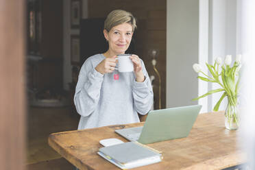 Reife Frau, die von zu Hause aus arbeitet, Laptop benutzt und Tee trinkt - ASCF01243