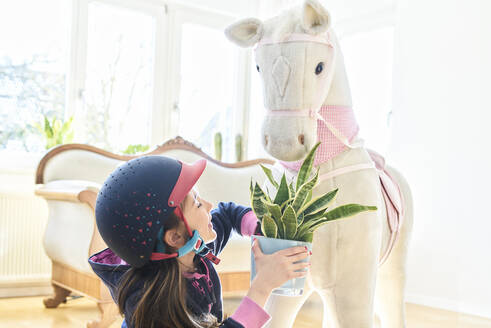 Mädchen füttert ihr Spielzeugpferd mit einer Zimmerpflanze zu Hause - DIKF00465