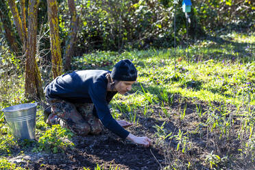 Mann in voller Länge bei der Aussaat von Samen in den Boden eines Biogartens im Frühling - NDF01047