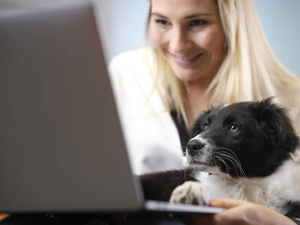 Lächelnde Geschäftsfrau mit Hund am Laptop - CVF01584