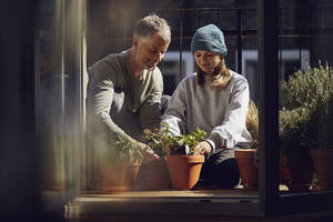 Vater und Tochter pflanzen gemeinsam Blumen auf dem Balkon - MCF00725