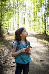 Portrait of girl with backpack standing on forest track - LVF08841