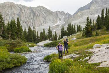 Frauen wandern bachaufwärts, Wiese zu den Pierre Lakes, Elk Mountains, Colorado - CAVF79085