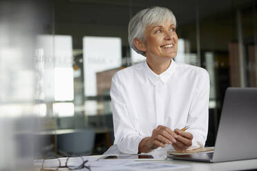 Porträt einer lächelnden älteren Geschäftsfrau am Schreibtisch in ihrem Büro - RBF07623