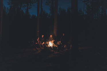 Freunde sitzen am Lagerfeuer im Wald - GUSF03716