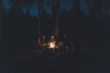 Friends sitting at campfire in the woods - GUSF03716