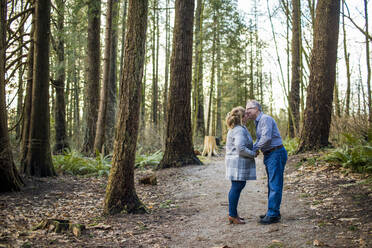 Ehepaar im Ruhestand küsst sich im Wald. - CAVF79487