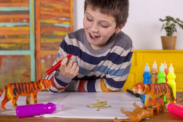 Boy with red marker pen painting a tiger - CAVF79604