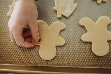 Young girl placing gingerbread on baking sheet - CAVF79860