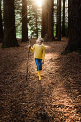 Preteen girl hiking in forest with beautiful light - CAVF80014