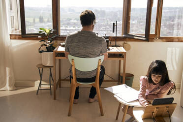 Girl doing homework while her father working on laptop in the background - ERRF03525