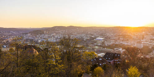 Germany, Baden-Wurttemberg, Stuttgart, Panorama of city at sunset - WDF05968