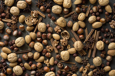 Star anise, cinnamon sticks and various nuts lying on rustic baking sheet - ASF06616