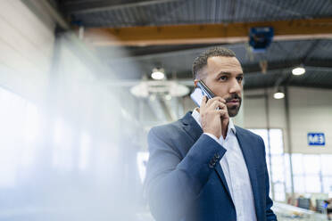 Portrait of a businessman in a factory on the phone - DIGF09922