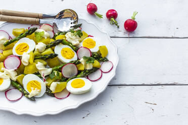 Plate of vegetarian potato salad with boiled eggs, asparagus, radishes and parsley - SARF04548