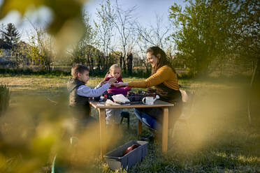 Mother with two kids gardening - ZEDF03328