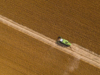 Aerial view of combine harvester on a field of soybean - NOF00085