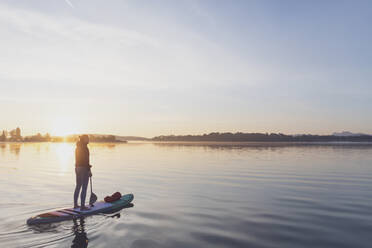 Woman standing on sup board in the morning on a lake, Germany - MMAF01317