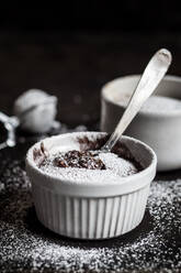 Studio shot of mug of molten chocolate cake with powdered sugar - SBDF04250