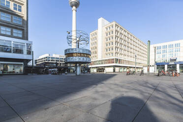 Germany, Berlin, Alexanderplatz with World Clock and Fernsehturm Berlin during COVID-19 epidemic - ASCF01304
