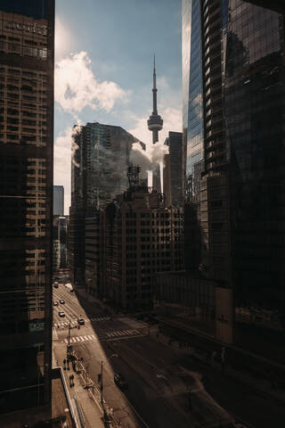 Buildings in downtown Toronto, Canada with CN Tower in background. stock photo