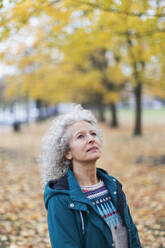 Nachdenkliche ältere Frau mit Blick auf Herbstbäume im Park - CAIF26369