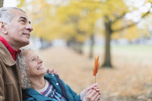 Zärtliches, neugieriges älteres Paar, das ein Blatt im herbstlichen Park hält - CAIF26372