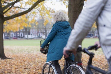 Ältere Frau fährt mit dem Fahrrad zwischen Herbstblättern im Park - CAIF26374