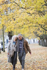 Zärtliches älteres Paar, das zwischen Bäumen und Blättern im Herbstpark spazieren geht - CAIF26392