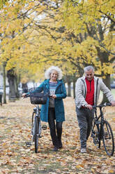 Senior couple walking bicycles among trees and leaves in autumn park - CAIF26403