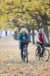 Älteres Paar fährt mit dem Fahrrad zwischen Blättern und Bäumen im herbstlichen Park - CAIF26409