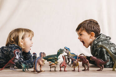 Bruder und seine kleine Schwester spielen mit Spielzeugdinosauriern - JRFF04412