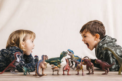Brother and his little sister playing with toy dinosaurs - JRFF04412