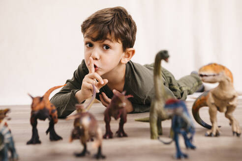 Porträt eines kleinen Jungen, der mit Spielzeugdinosauriern spielt - JRFF04416