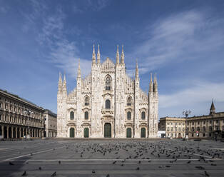Italien, Mailand, Vogelschwarm auf der Piazza del Duomo während des Ausbruchs von COVID-19 - MEUF00572