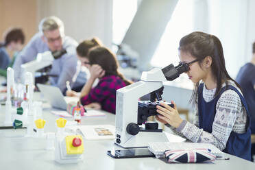 Studentin mit Mikroskop, die ein wissenschaftliches Experiment im Laboratorium durchführt - CAIF26601