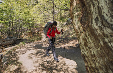 Frau in voller Länge mit Rucksack beim Wandern im Wald, El Chalten, Argentinien - VEGF01980