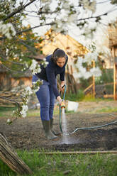 Frau bewässert in voller Länge mit Gartenschlauch - ZEDF03361