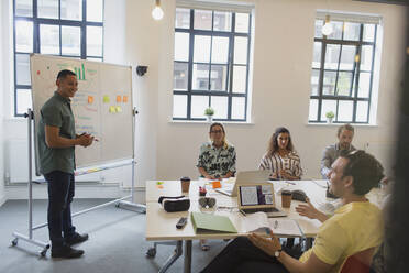 Männlicher Designer am Whiteboard, der eine Besprechung im Konferenzraum leitet - CAIF26808