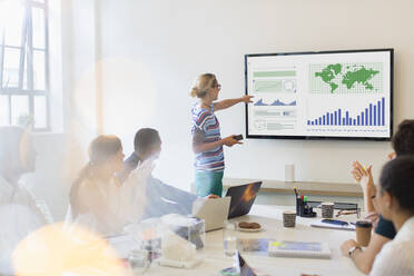 Businesswoman at television screen leading conference room meeting - CAIF26936