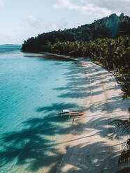 Luftaufnahme des weißen Strandes in Port Barton, Palawan, Philippinen mit Boot - AAEF08003