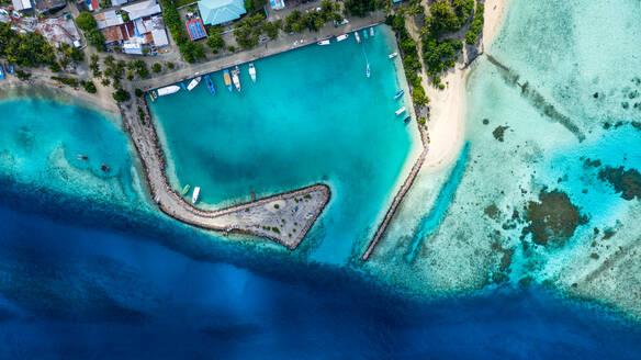 Luftaufnahme der lokalen, bewohnten Insel Felidhoo im Vaavu-Atoll, Malediven, Indischer Ozean mit im Hafen verankerten Booten / Dhonis und lokalem Strand - AAEF08303