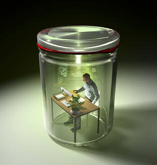 3D-Rendering eines Mannes bei der Arbeit am Schreibtisch, isoliert in einem Einmachglas - RWF00122