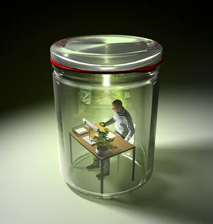 3D rendering of man working at desk, isolated in preserving jar - RWF00122