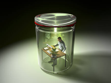 3D-Rendering eines Mannes bei der Arbeit am Schreibtisch, isoliert in einem Einmachglas - RWF00123